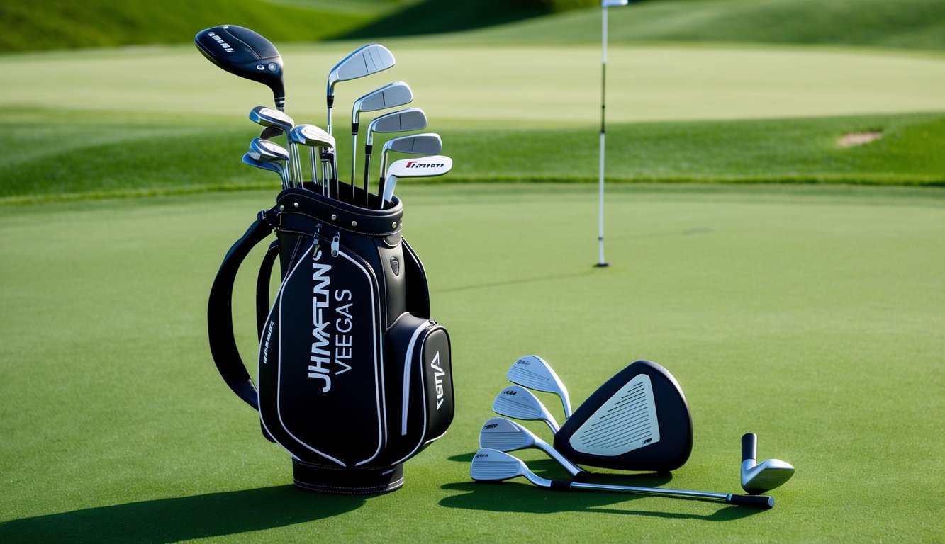 A golf bag filled with Jhonattan Vegas' clubs, including a driver, irons, wedges, and putter, arranged neatly on a lush green golf course