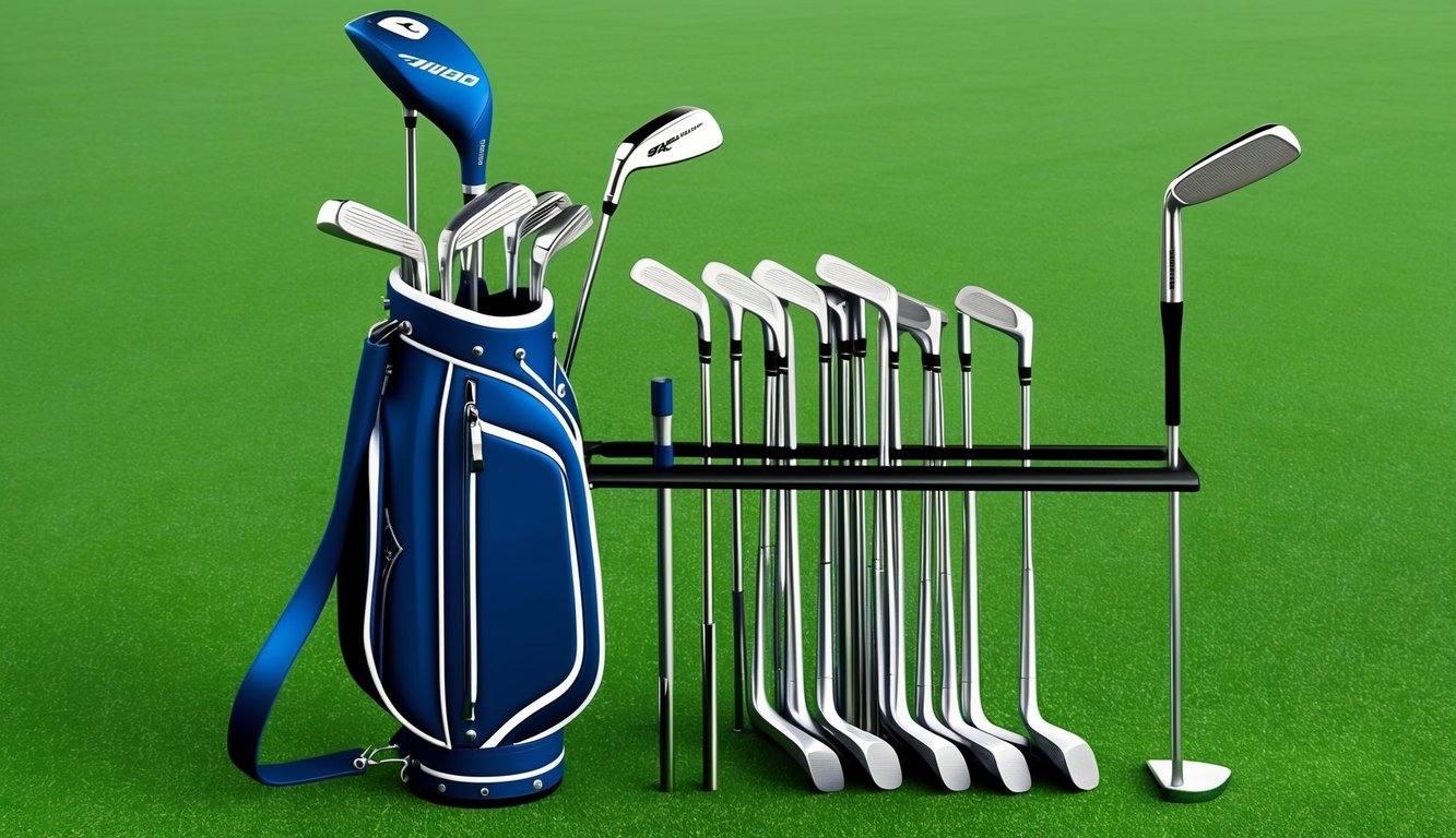 A set of golf clubs arranged neatly on a stand, including drivers, irons, wedges, and putters, ready for use on the green