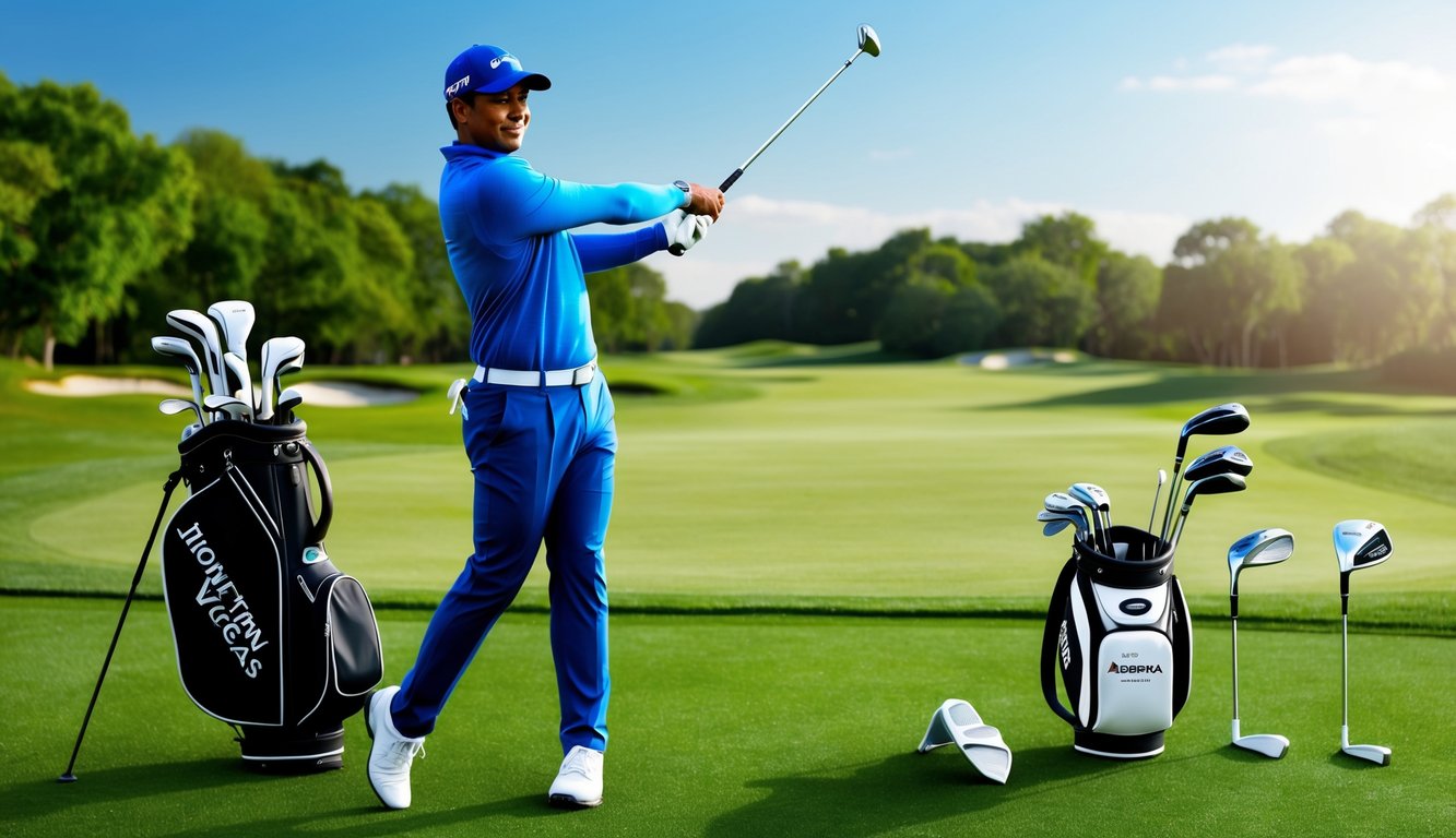 Jhonattan Vegas swings a golf club on a lush green fairway, with a set of various golf clubs and a golf bag nearby