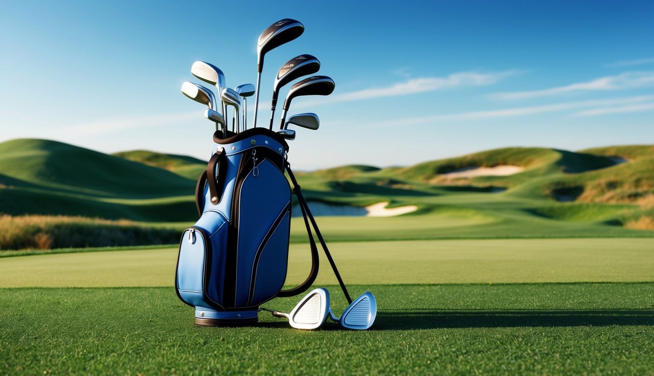 A golf bag with various clubs laid out on a grassy course, surrounded by a serene landscape of rolling hills and clear blue skies