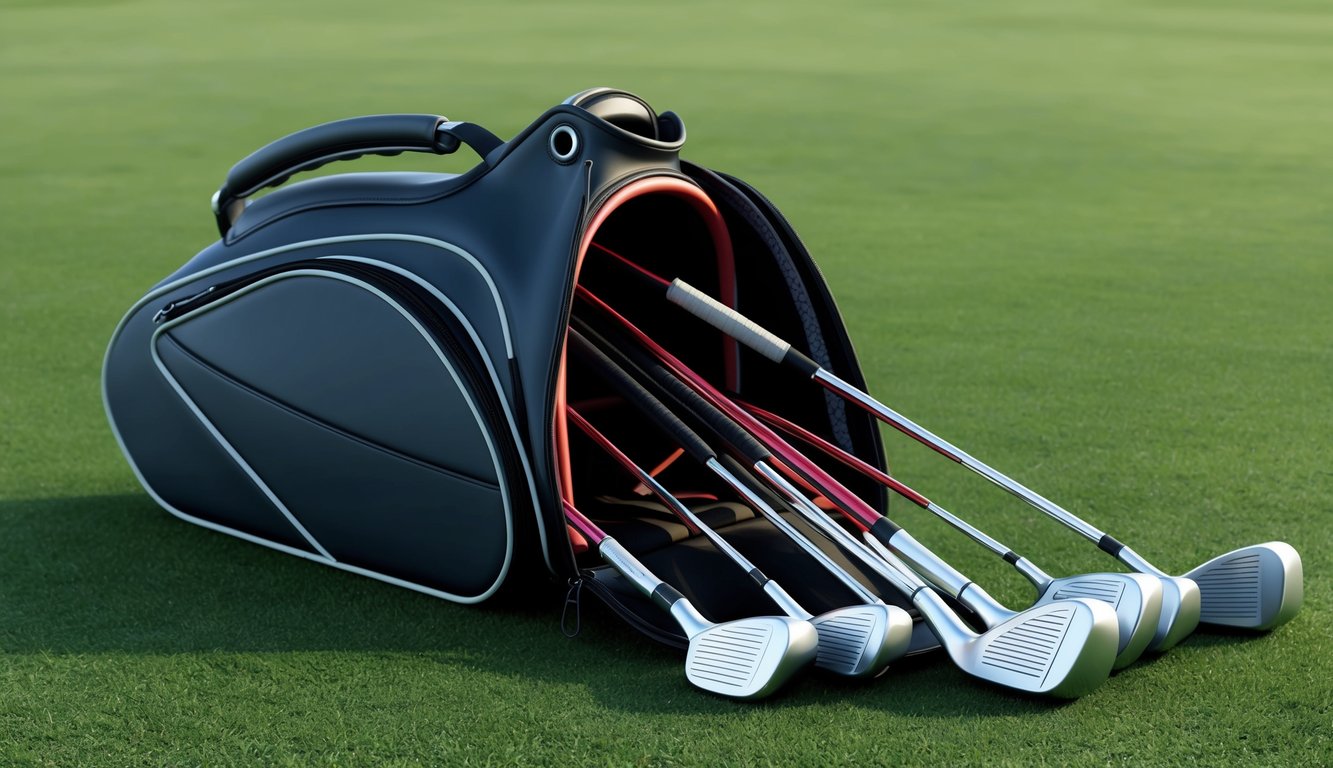 A golf bag open with various clubs spread out on a grassy course