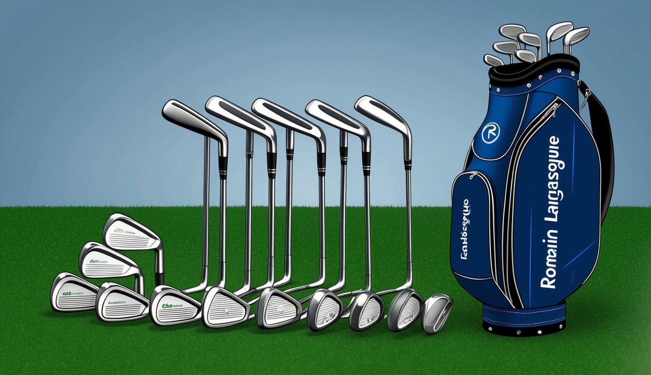 A set of golf clubs arranged neatly on a grassy green, with a golf bag and Romain Langasque's name embroidered on it