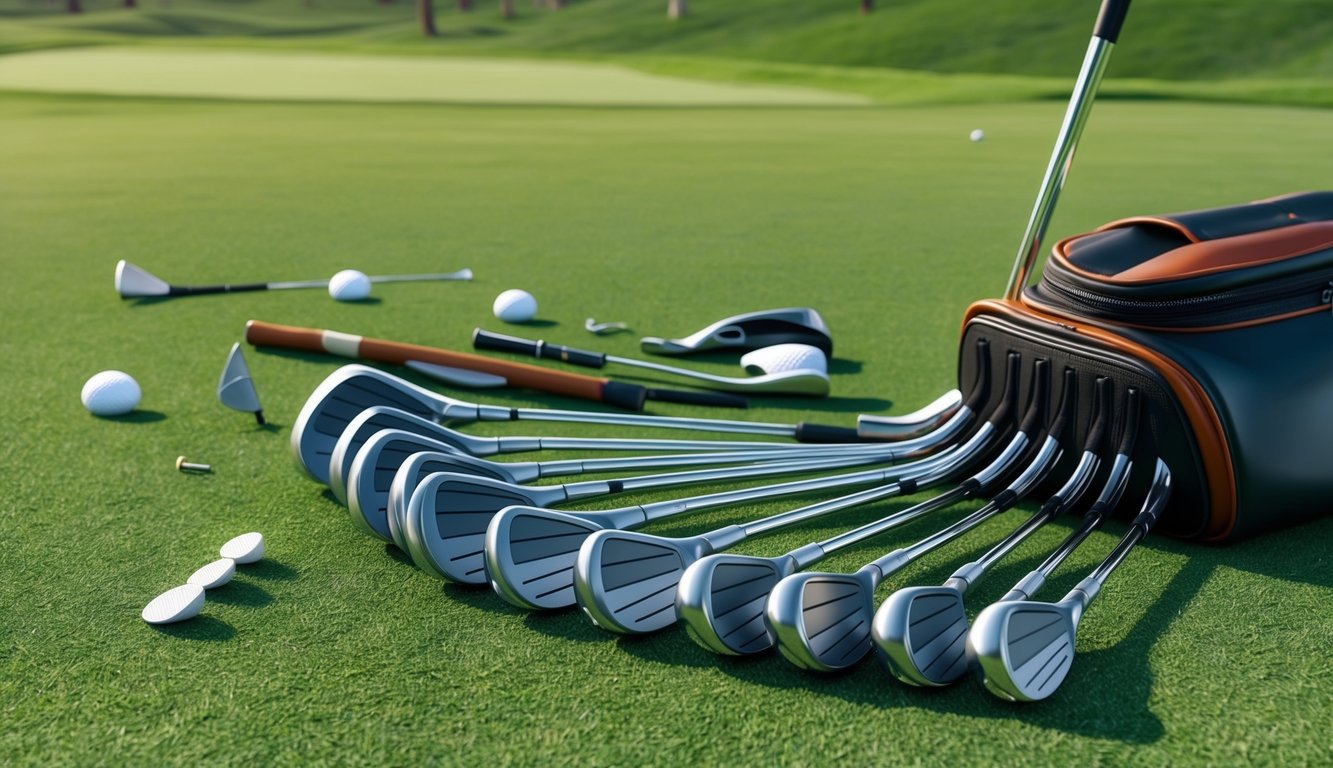 A set of golf clubs arranged neatly on a grassy course, with a bag and various equipment scattered around