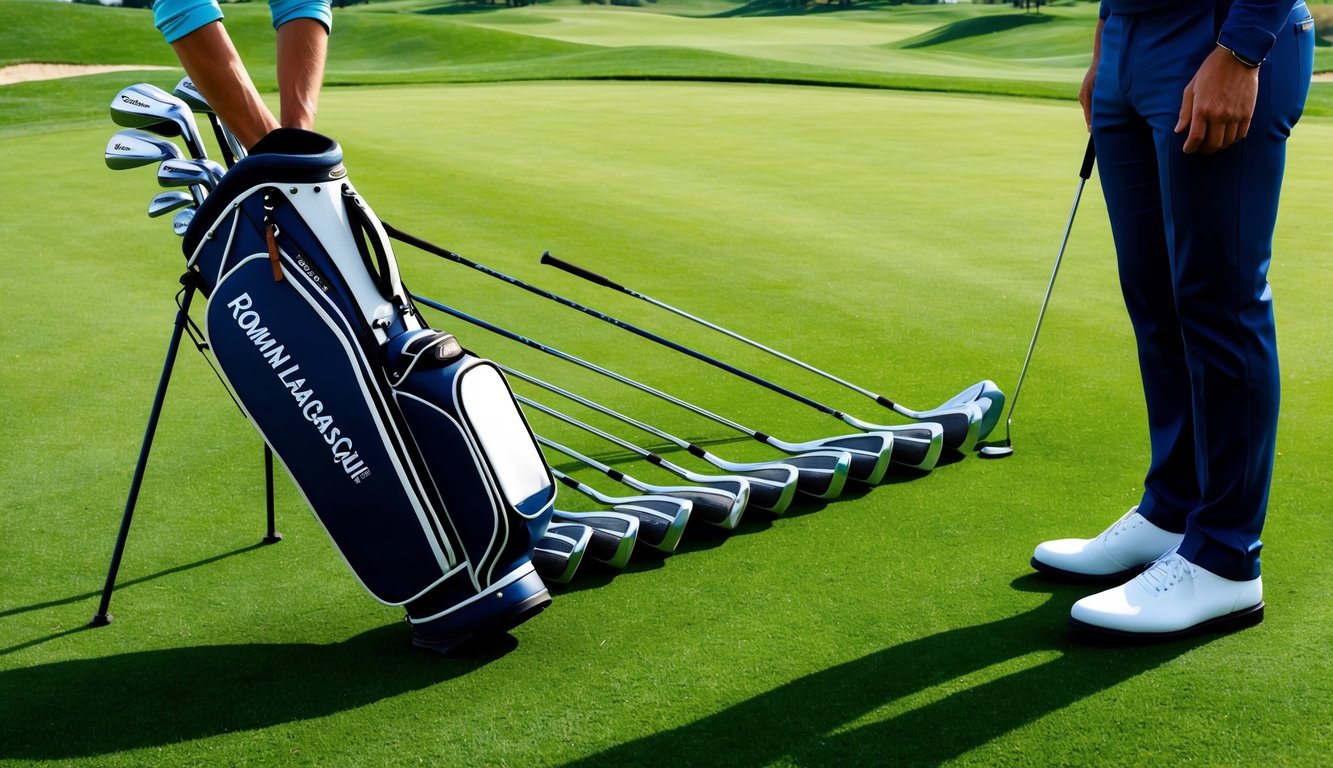 Romain Langasque's golf bag open, revealing a set of clubs neatly arranged in a row on a lush green fairway