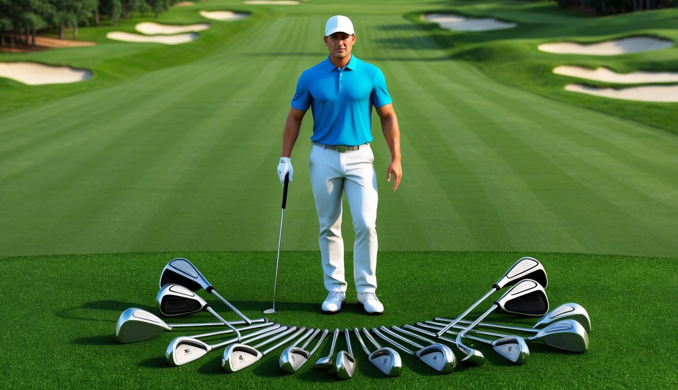 A golfer standing on a lush green fairway, surrounded by a variety of golf clubs laid out neatly on the ground