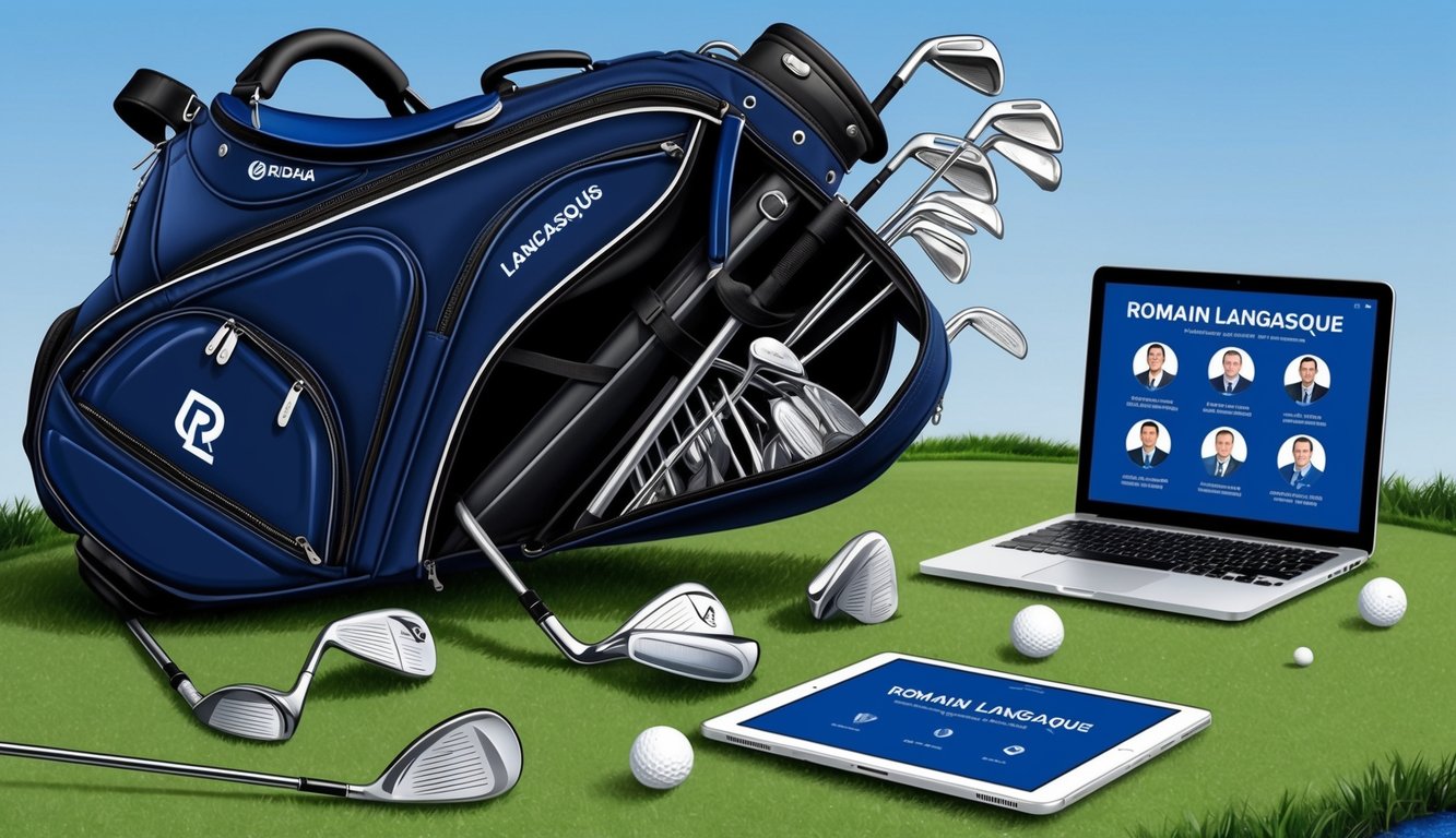 A golfer's bag open, revealing various golf clubs and equipment scattered on the ground. A tablet and laptop nearby display Romain Langasque's media presence