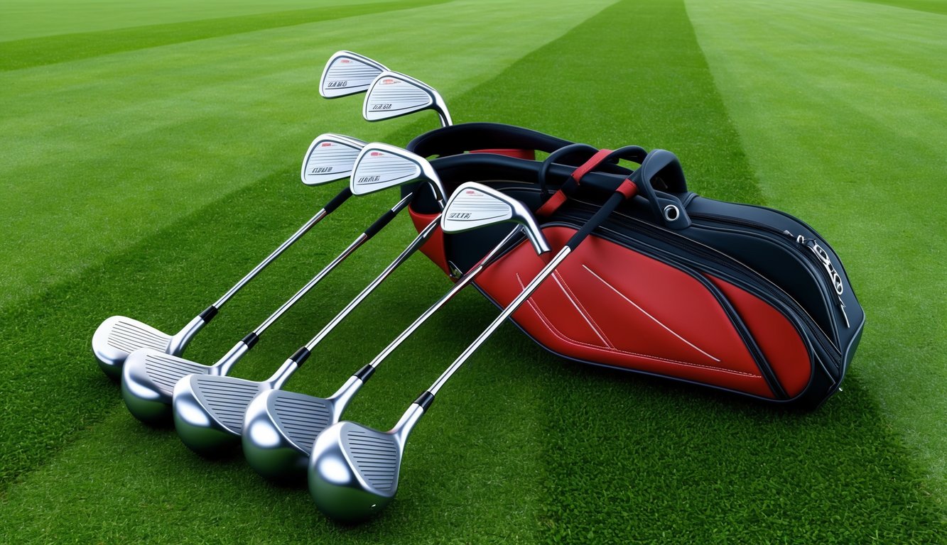 A golf bag with various clubs laid out neatly on a green grassy fairway