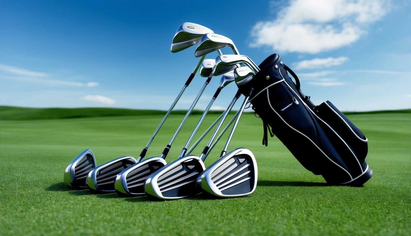 A set of golf clubs arranged neatly on a grassy green, with a golf bag beside them and a clear blue sky overhead