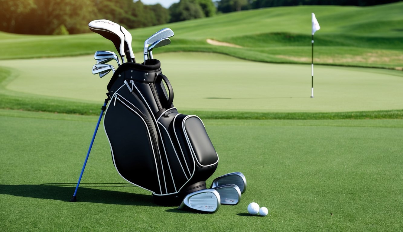 A golf bag with various clubs laid out on a grassy course