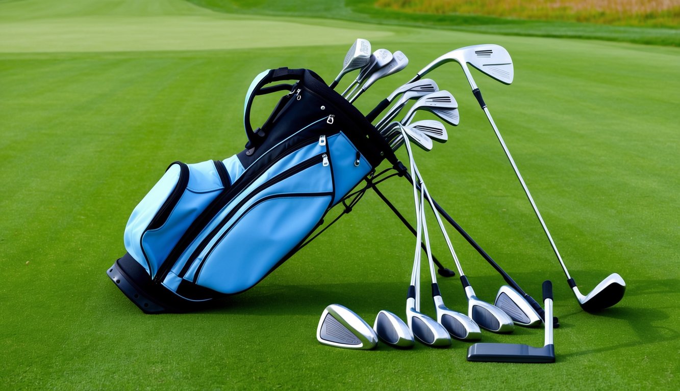 A golf bag filled with various clubs, including a driver, irons, wedges, and a putter, laid out neatly on a lush green fairway