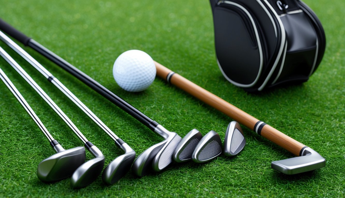 A set of golf clubs laid out neatly on the grass, including a driver, irons, wedges, and a putter, with a golf bag nearby