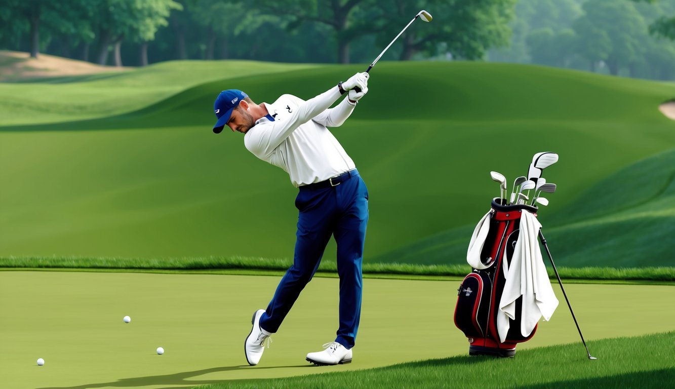 Patrick Rodgers swings golf clubs on a lush green fairway