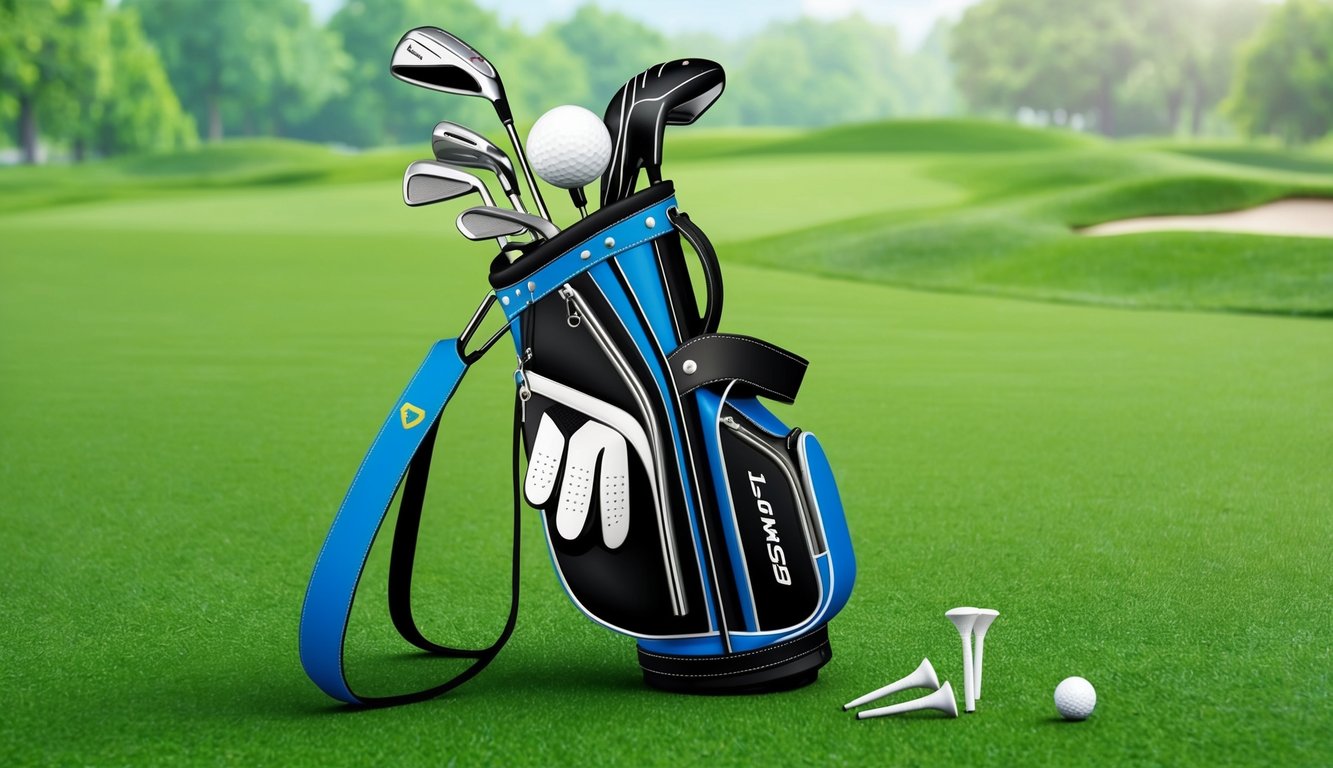 A golf bag filled with various clubs and accessories, including golf balls, tees, and gloves, sits on a lush green fairway