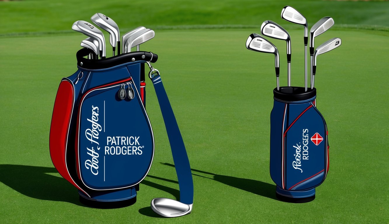 A golfer's bag with Patrick Rodgers' custom-branded golf clubs displayed prominently on the green