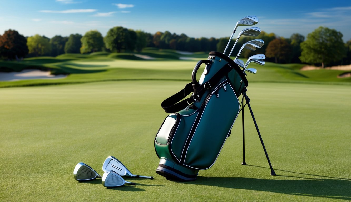 A golf bag with various clubs laid out on the grass, with a golf course in the background