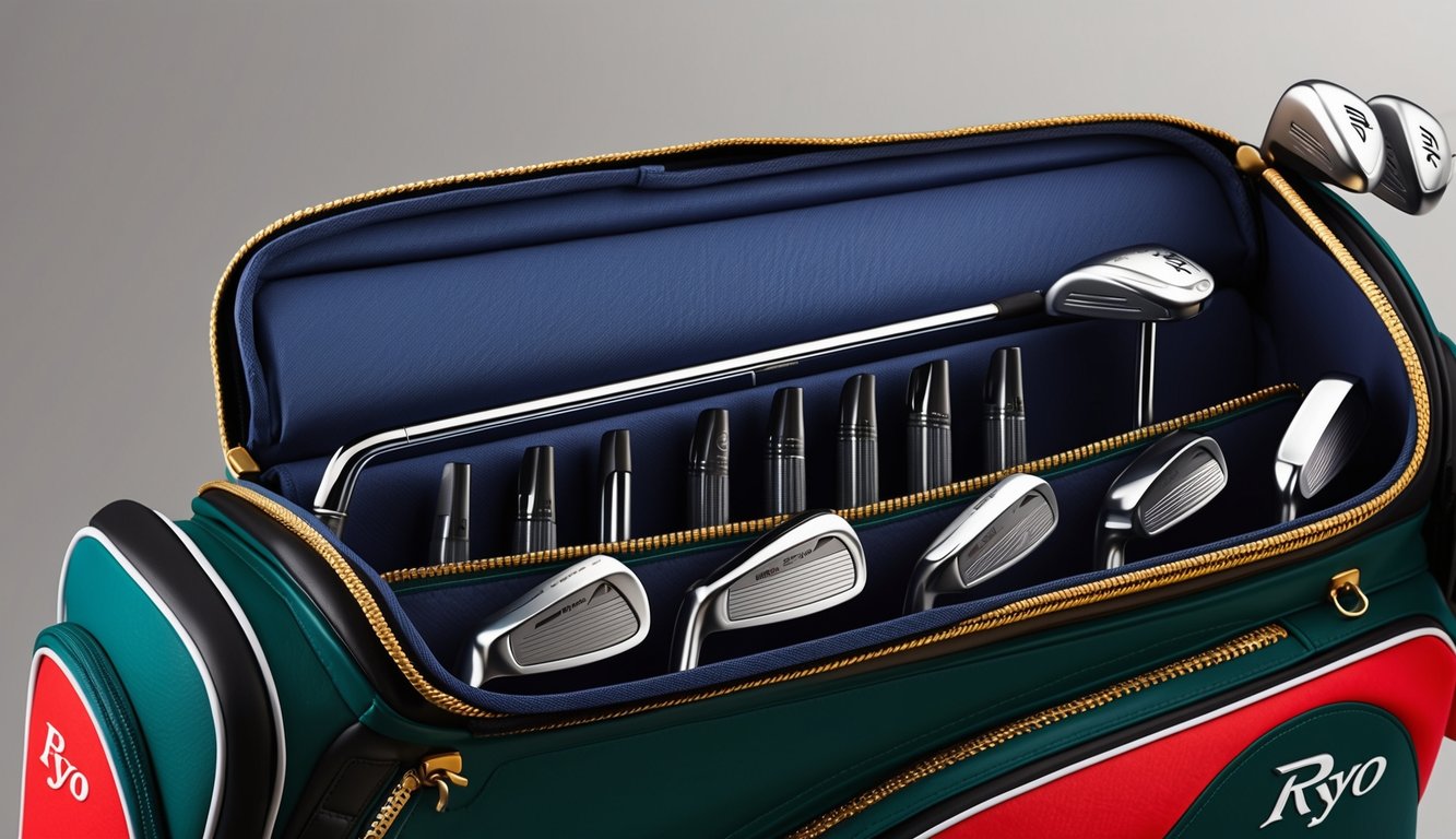 Ryo Hisatsune's golf bag open, displaying a set of various clubs arranged neatly inside