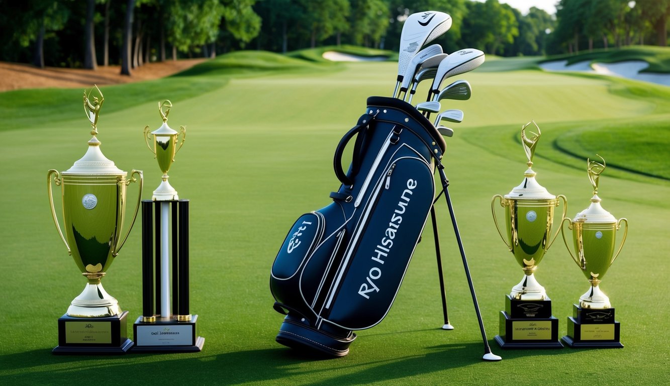 A golf bag with Ryo Hisatsune's clubs lined up on a lush green fairway, surrounded by trophies and awards