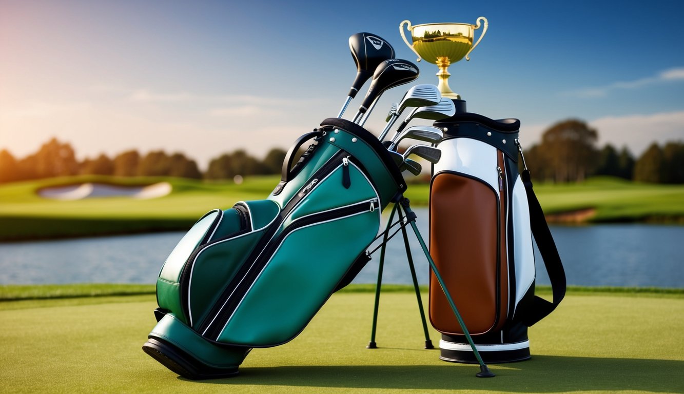 A golfer's bag open, clubs neatly arranged, a championship trophy in the background