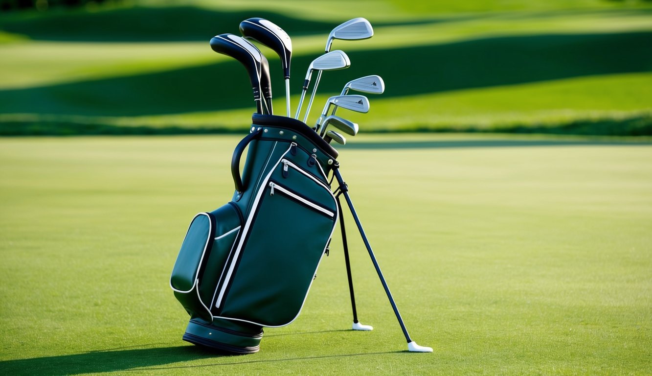 A golf bag with various clubs arranged neatly on a lush green fairway