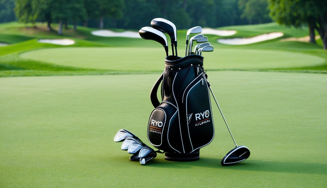 Ryo Hisatsune's golf bag with various clubs arranged neatly on a lush green golf course