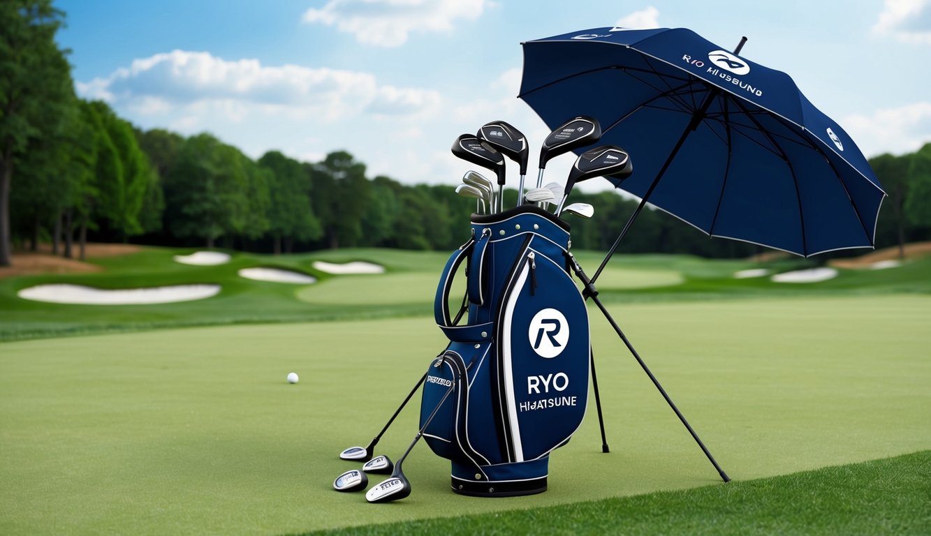 A golf bag with Ryo Hisatsune's endorsed clubs arranged neatly on a lush green fairway, with a logo-emblazoned umbrella propped against it