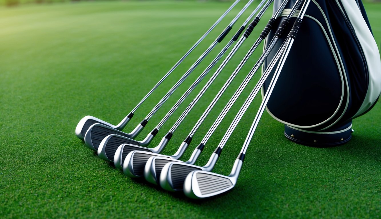 A set of golf clubs arranged neatly on a grassy green, with a golf bag standing nearby