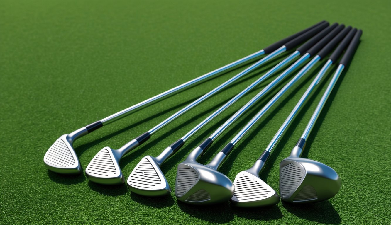 A set of golf clubs arranged neatly on a green grassy field