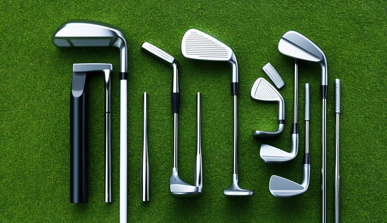 A set of golf clubs arranged neatly on a grassy green, with a putter, driver, irons, and wedges displayed