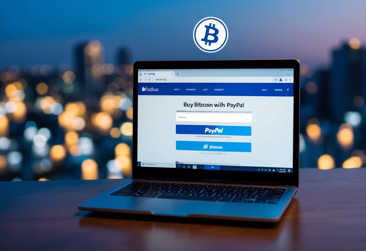 A laptop displaying the Exodus wallet interface with a PayPal account linked, while a Bitcoin symbol hovers above, representing the process to buy Bitcoin with PayPal