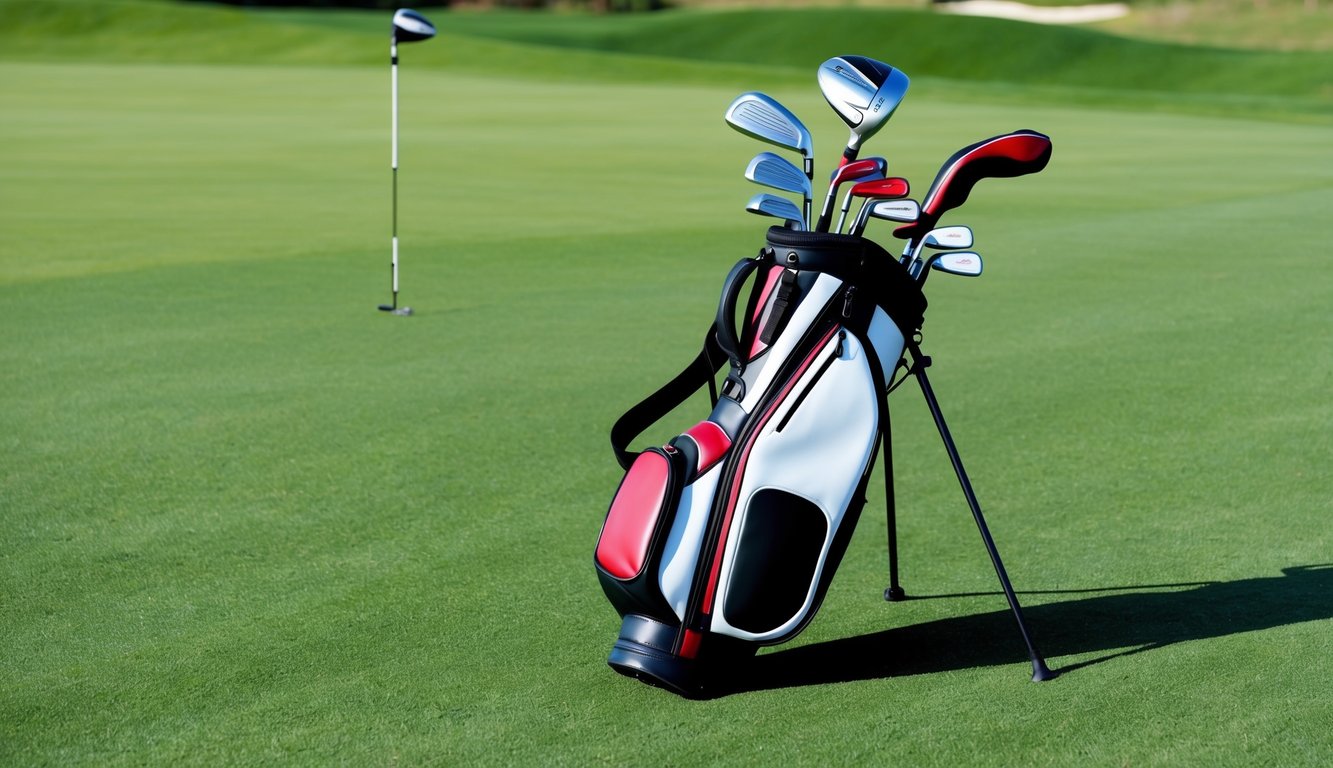 A golf bag with various clubs laid out on a grassy course