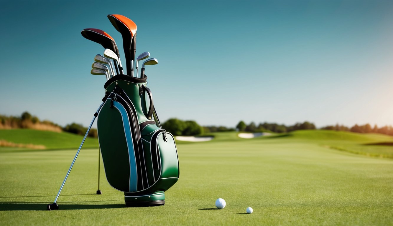 A golfer's bag with clubs arranged neatly on a lush green fairway