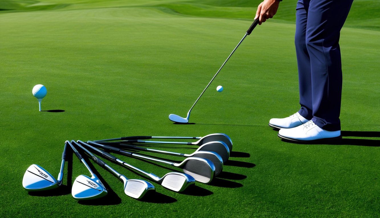 A golfer swings a club on a lush green fairway, with various golf clubs laid out nearby