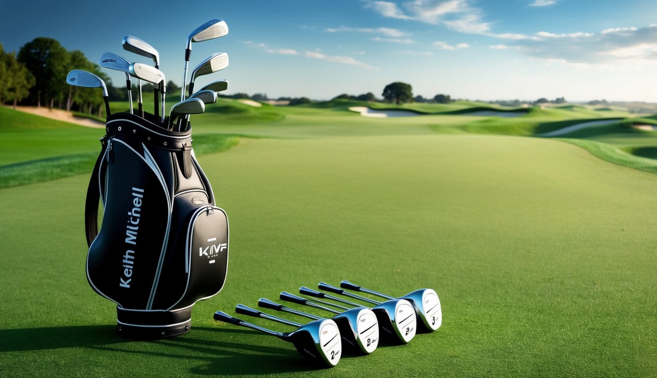 A golf bag with Keith Mitchell's clubs arranged neatly on a lush green fairway