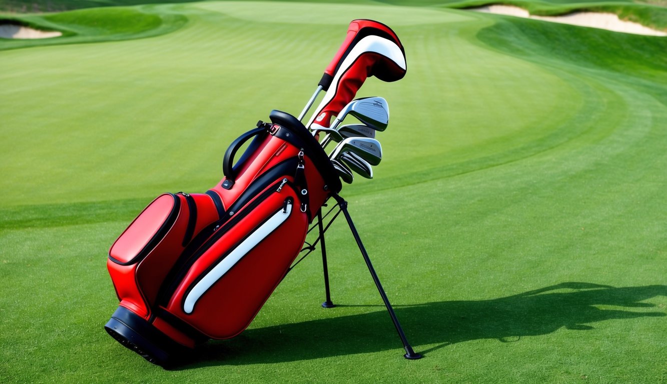 A golf bag filled with various clubs arranged neatly on a lush green course