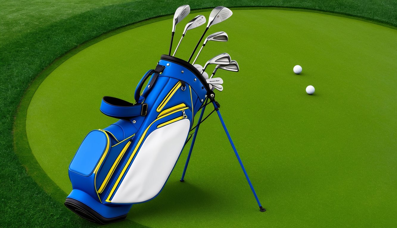 A golf bag with multiple fairway woods laid out on a grassy tee box