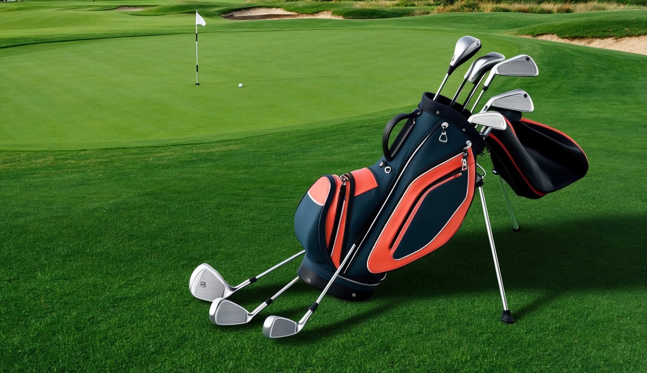 A golf bag with various clubs laid out on a grassy course