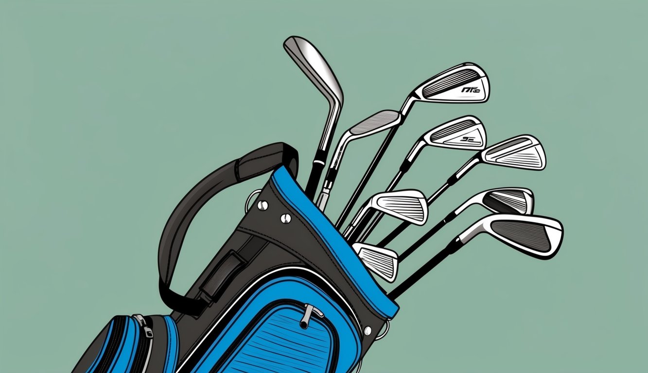 A golf bag with various clubs laid out, including a putter, wedges, irons, and woods, ready for use on the course