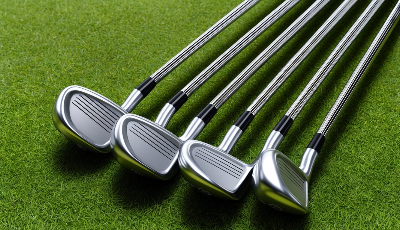 A set of golf clubs arranged neatly on a grassy fairway, with detailed shafts and grips visible