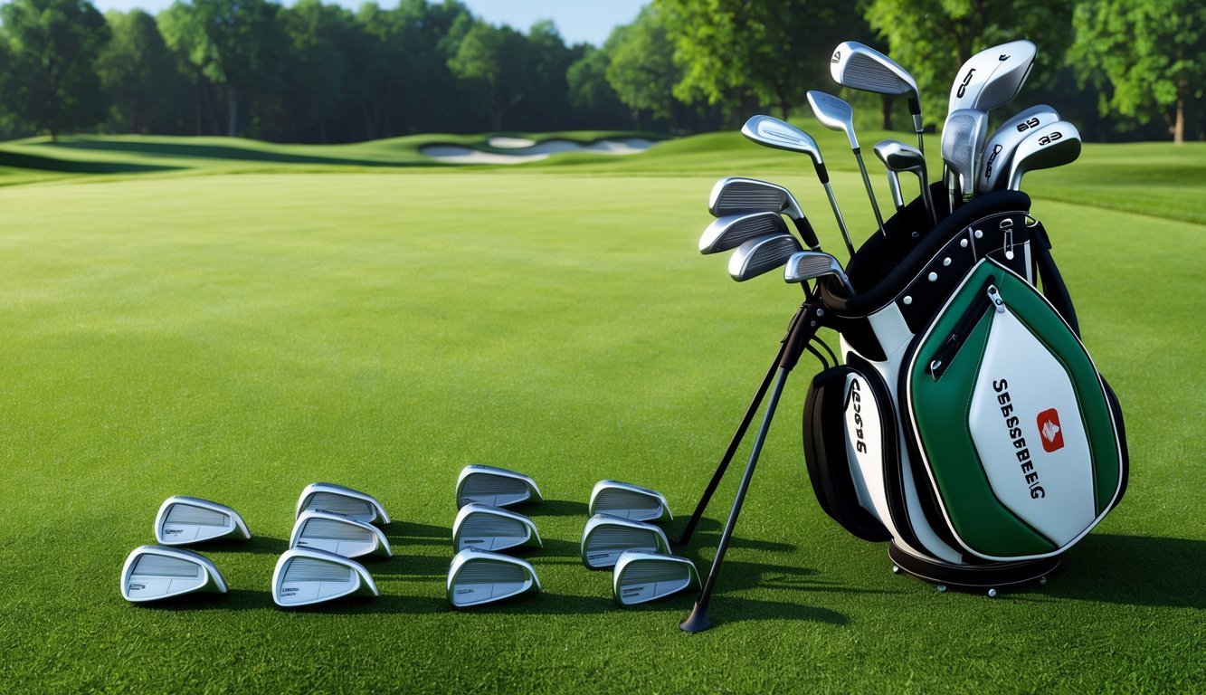 Sebastian Soderberg's golf bag with various clubs arranged neatly on a lush green fairway