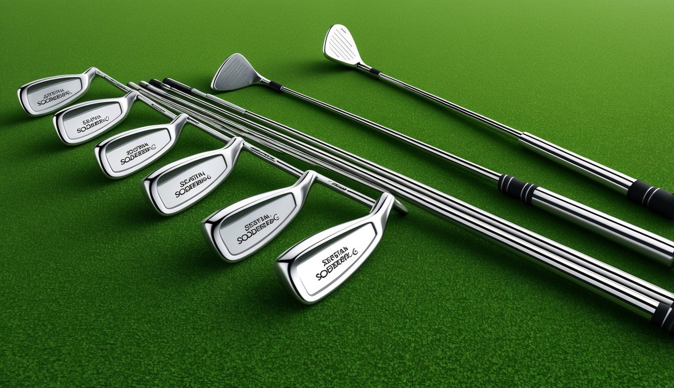 A set of golf clubs arranged neatly on a green grassy field, with the name "Sebastian Soderberg" engraved on each club