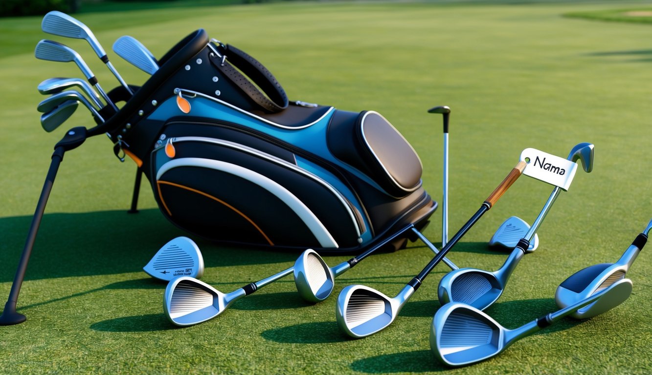 A golf bag with various clubs scattered on the ground, a player's name tag attached to one of the clubs