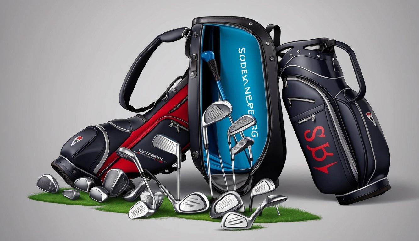 Sebastian Soderberg's golf bag open with various clubs scattered around