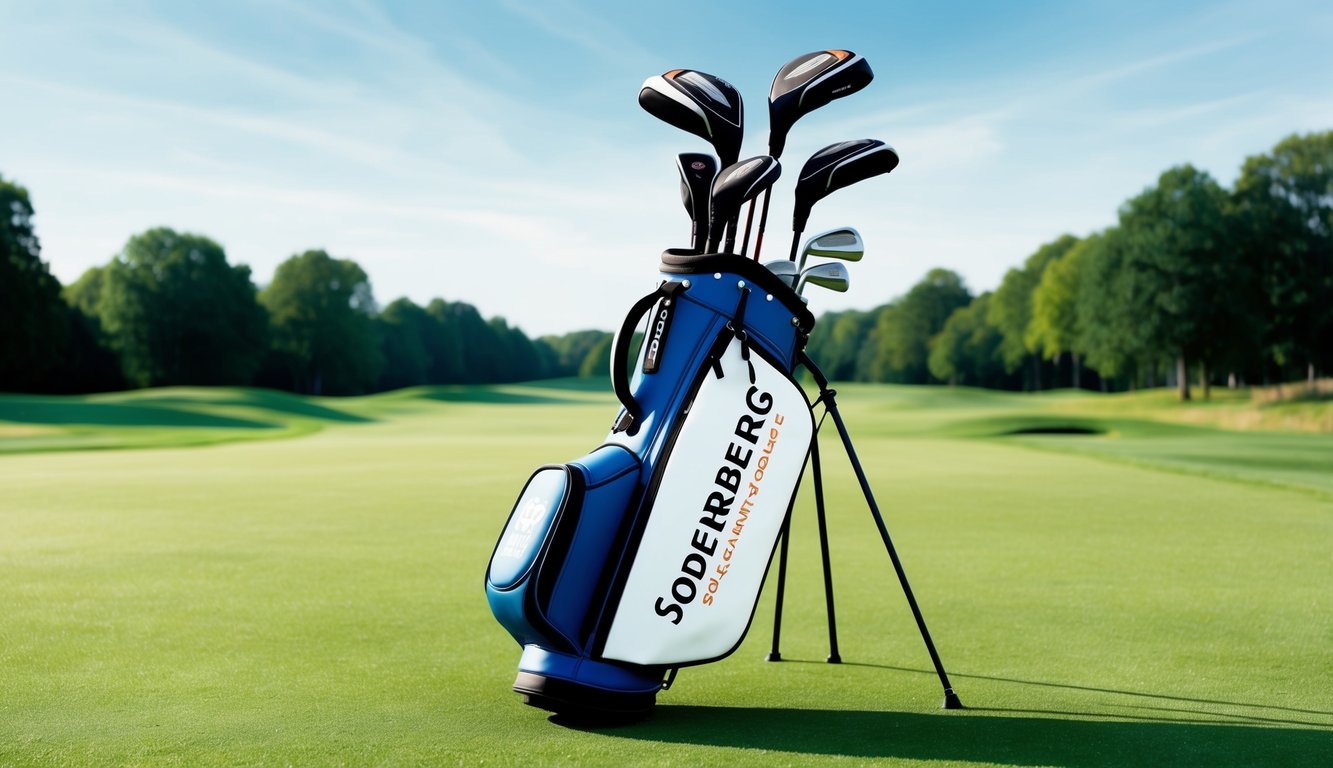 A golf bag with Sebastian Soderberg's clubs neatly arranged on a lush green fairway