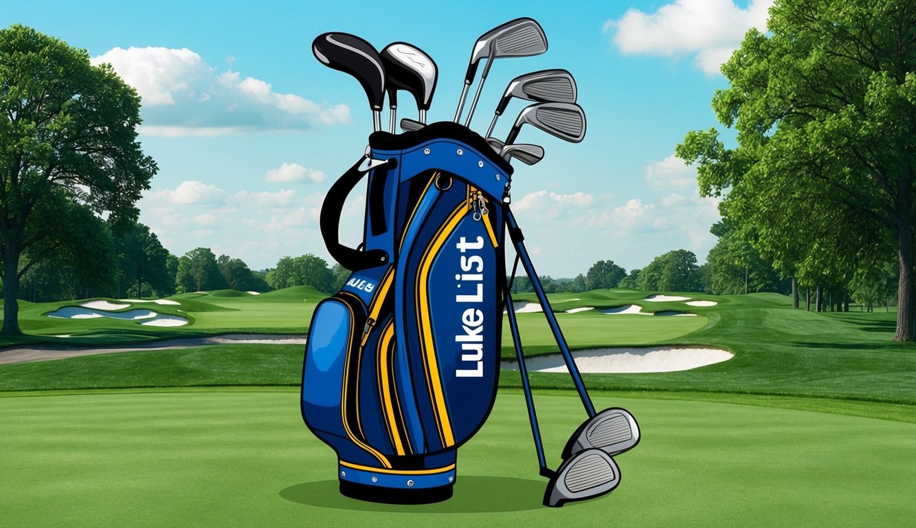 Luke List's golf bag with his clubs neatly arranged on a lush green golf course