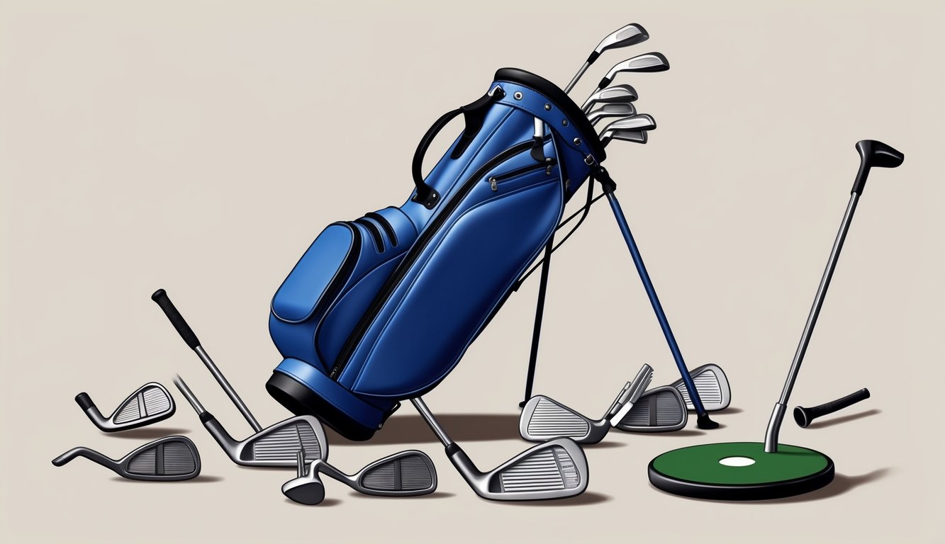 A golf bag with various clubs scattered around, including irons, woods, and a putter