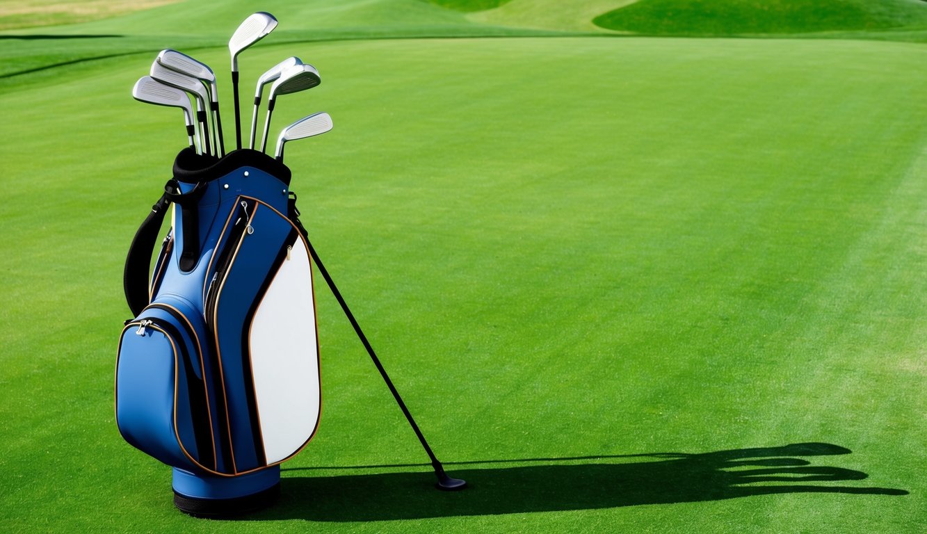 A golf bag with irons and wedges arranged neatly on a lush green fairway