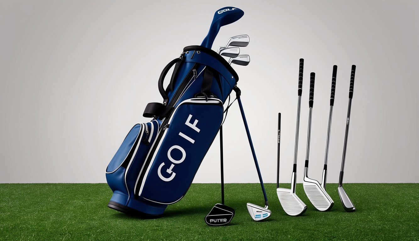 A golf bag with various putter choices laid out on a grassy green