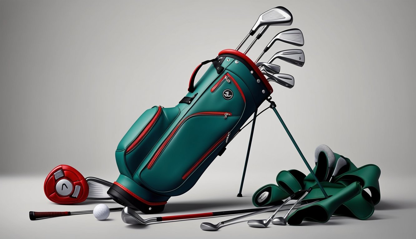 A golf bag with various clubs and accessories scattered around