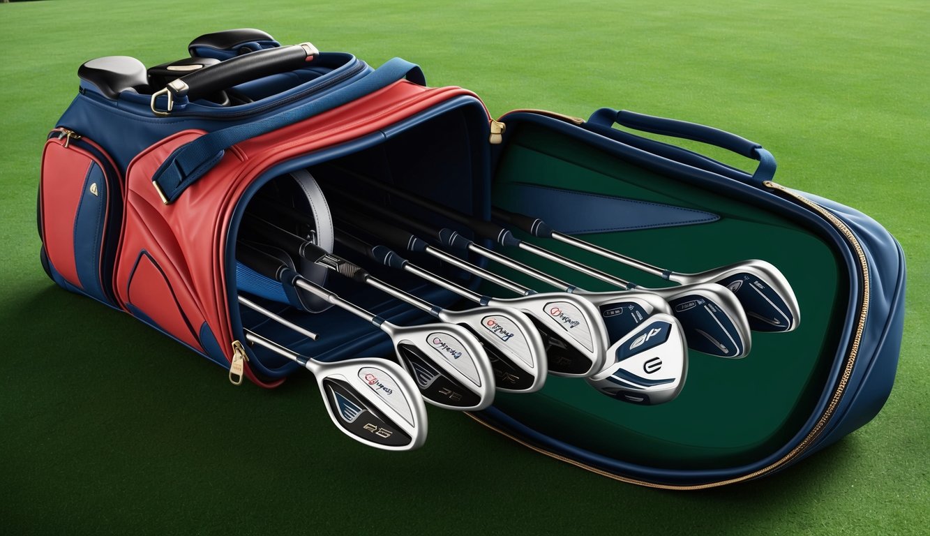 A professional golfer's bag sits open, revealing a set of custom-fitted golf clubs with high-tech specifications