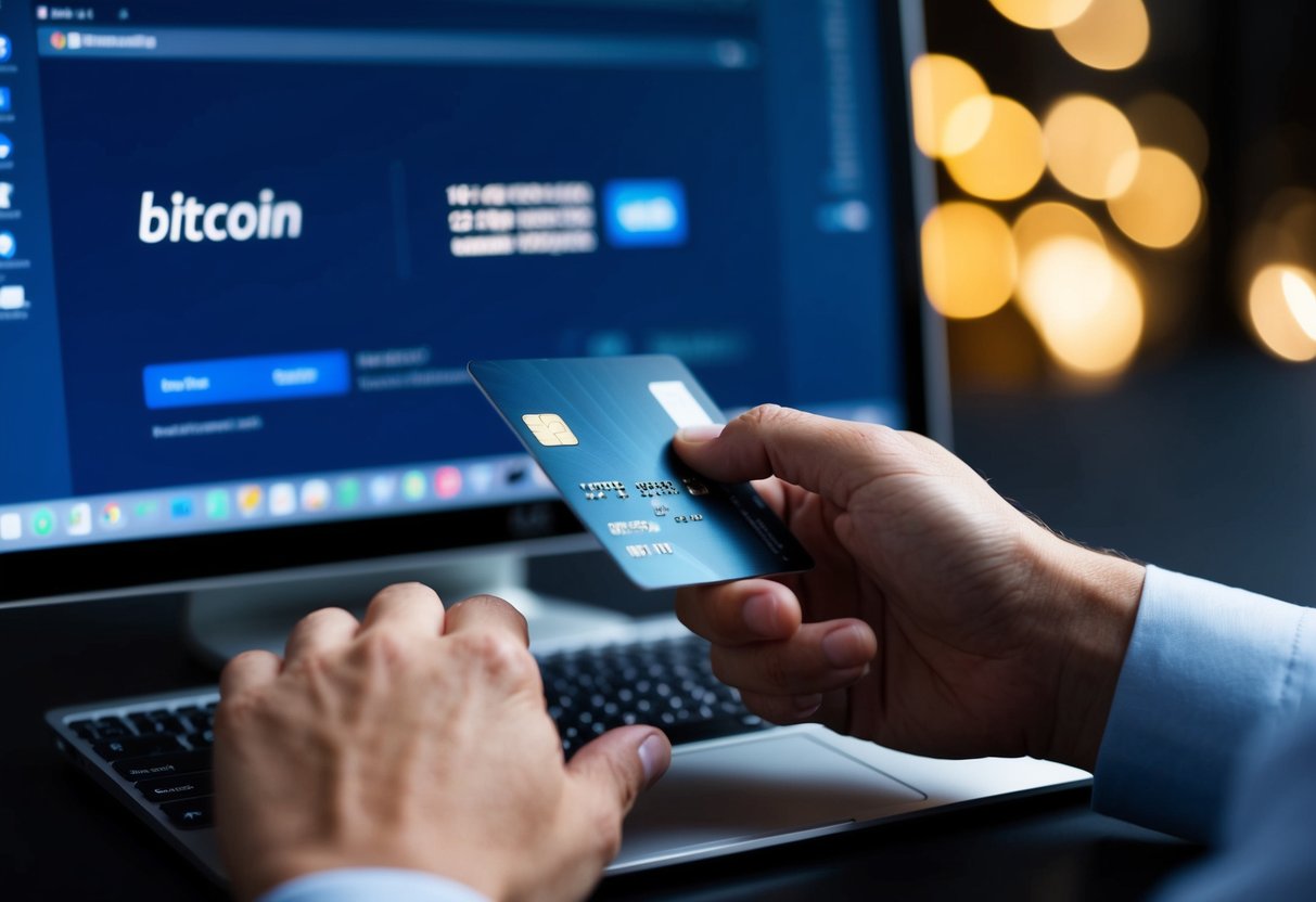 A hand swiping a credit card to purchase Bitcoin on a computer screen through the Exodus platform